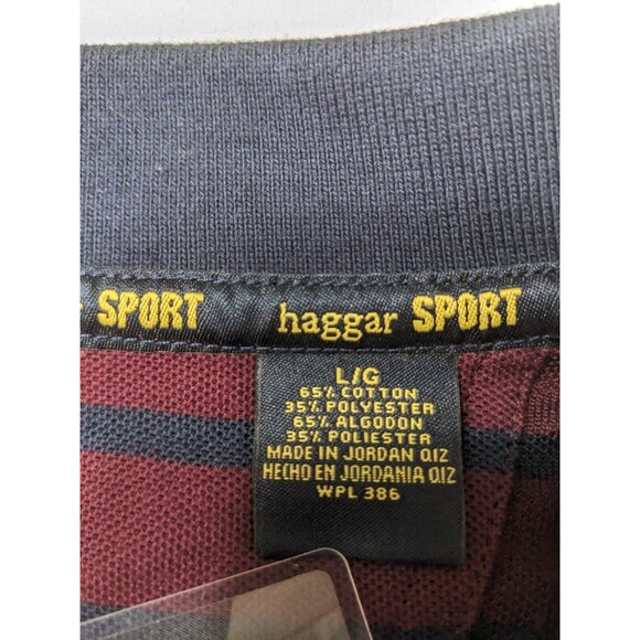 Haggar Shirt Polo Men's Size Large Navy/Burgundy Striped Short Sleeve Shirt - Picture 3 of 4
